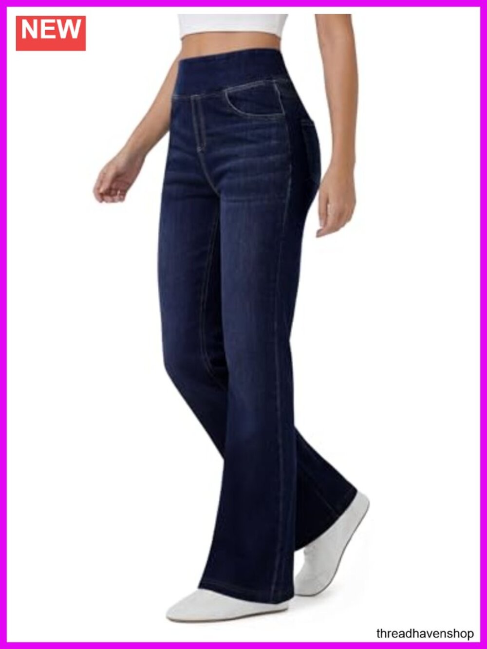 Stretchy High Waisted Flare Jeans Pull On Bootcut with Pockets Wide Leg - Picture 1 of 5